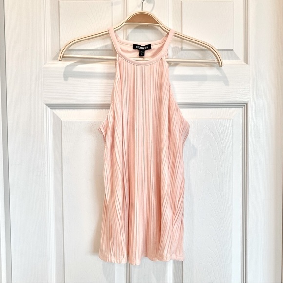 Peach Warm Pink Pleated High-Neck Knit Cami Top - Picture 1 of 4